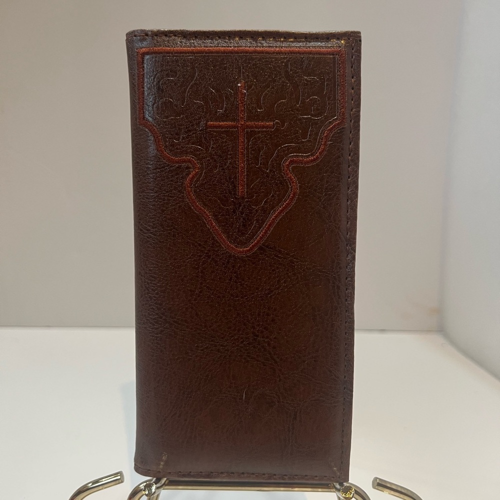 Brown Leather Wallet ID card holder with Cross Design
